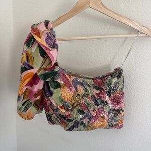 NWT Zara one shoulder multi color floral cropped smocked stretch top size M